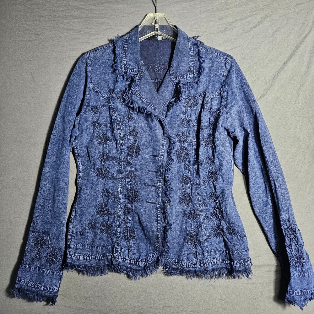 Giocam Womens Denim Jacket L Blue Embroidered Fringe Boho Acid Wash Western
